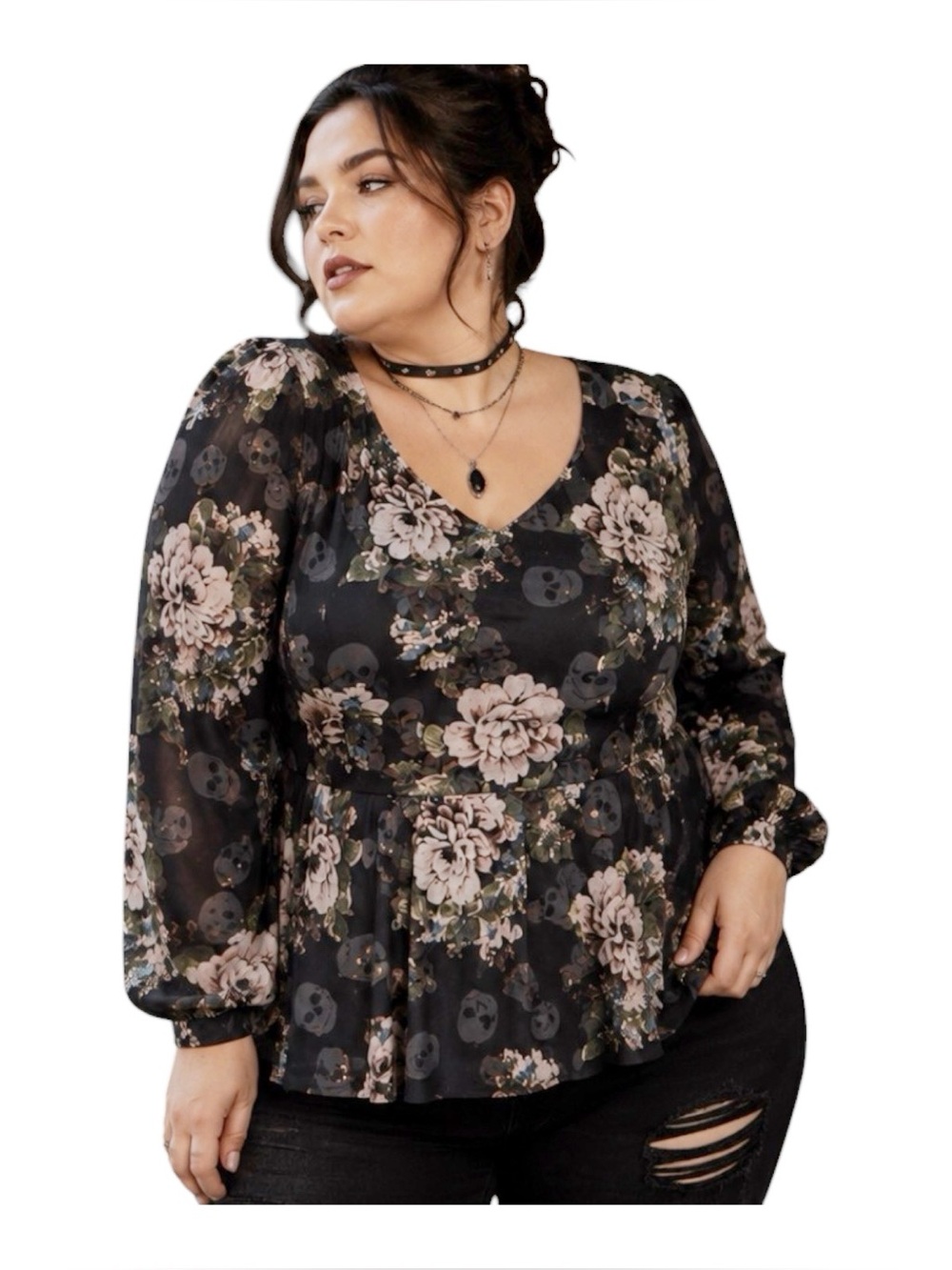 Torrid Size 3 Peplum Crepe Sweetheart Neckline Top Skulls Floral Print Size 3X